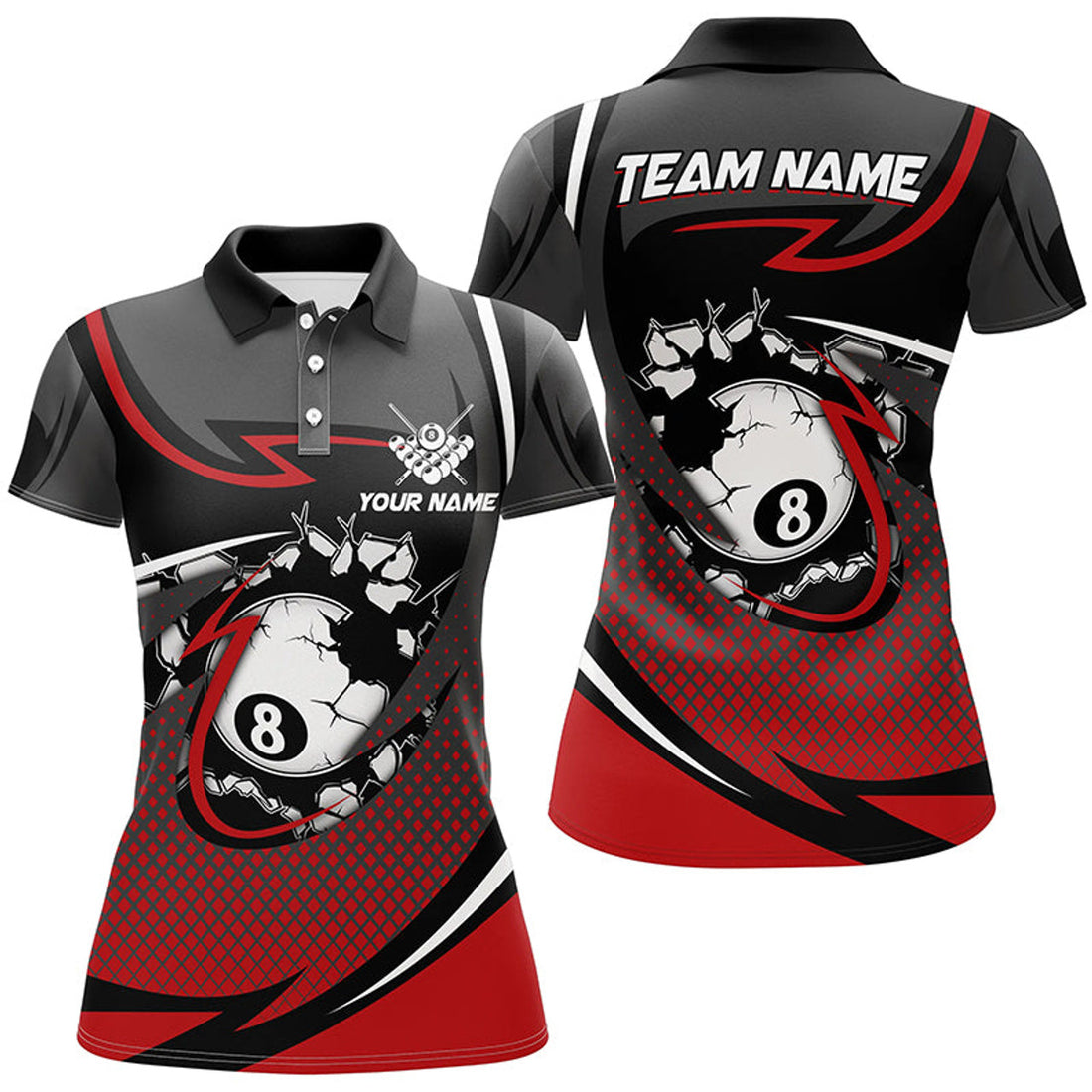 Custom Funny 8 Ball Pool Red Billiard Jerseys For Women Custom Polo Shirts Team League Billiard Shirts