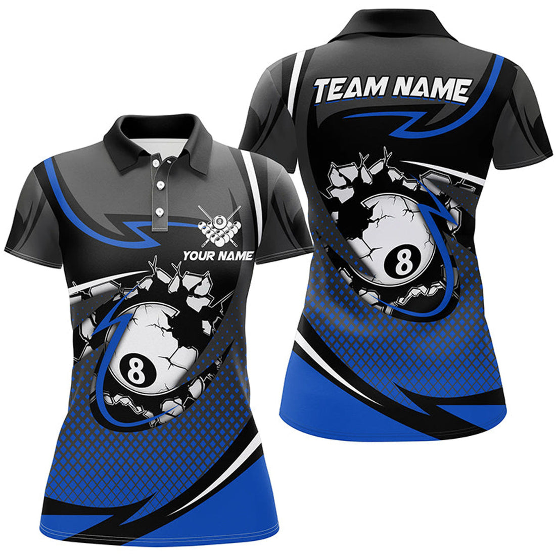 Custom Funny 8 Ball Pool Blue Billiard Jerseys For Women Custom Polo Shirts Team League Billiard Shirts