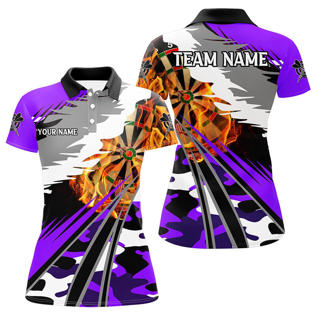 Custom 3D Dartboard Fire Women Darts Polo Shirts Custom Camo Purple Darts Team Jerseys