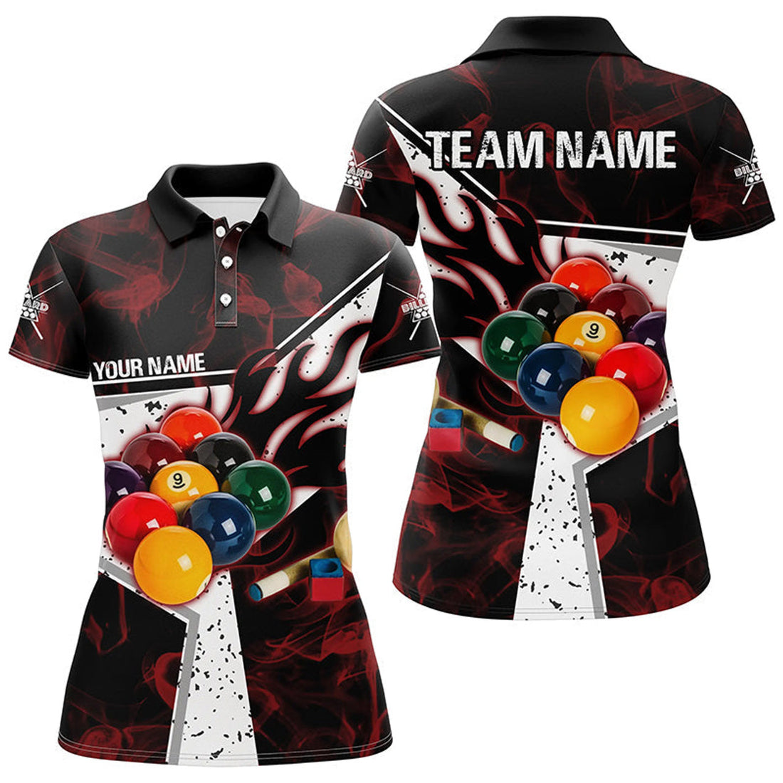 Custom Personalized Red Smoke Billiard Jersey Women Polo Shirts, 3D Billiard Balls Custom Pool Player Shirts