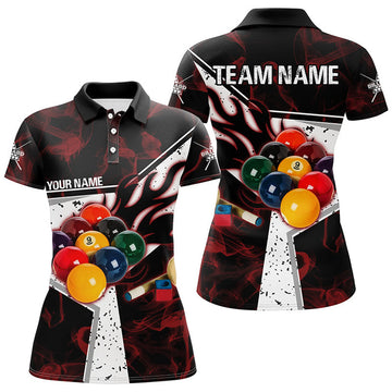 Custom Personalized Red Smoke Billiard Jersey Women Polo Shirts, 3D Billiard Balls Custom Pool Player Shirts