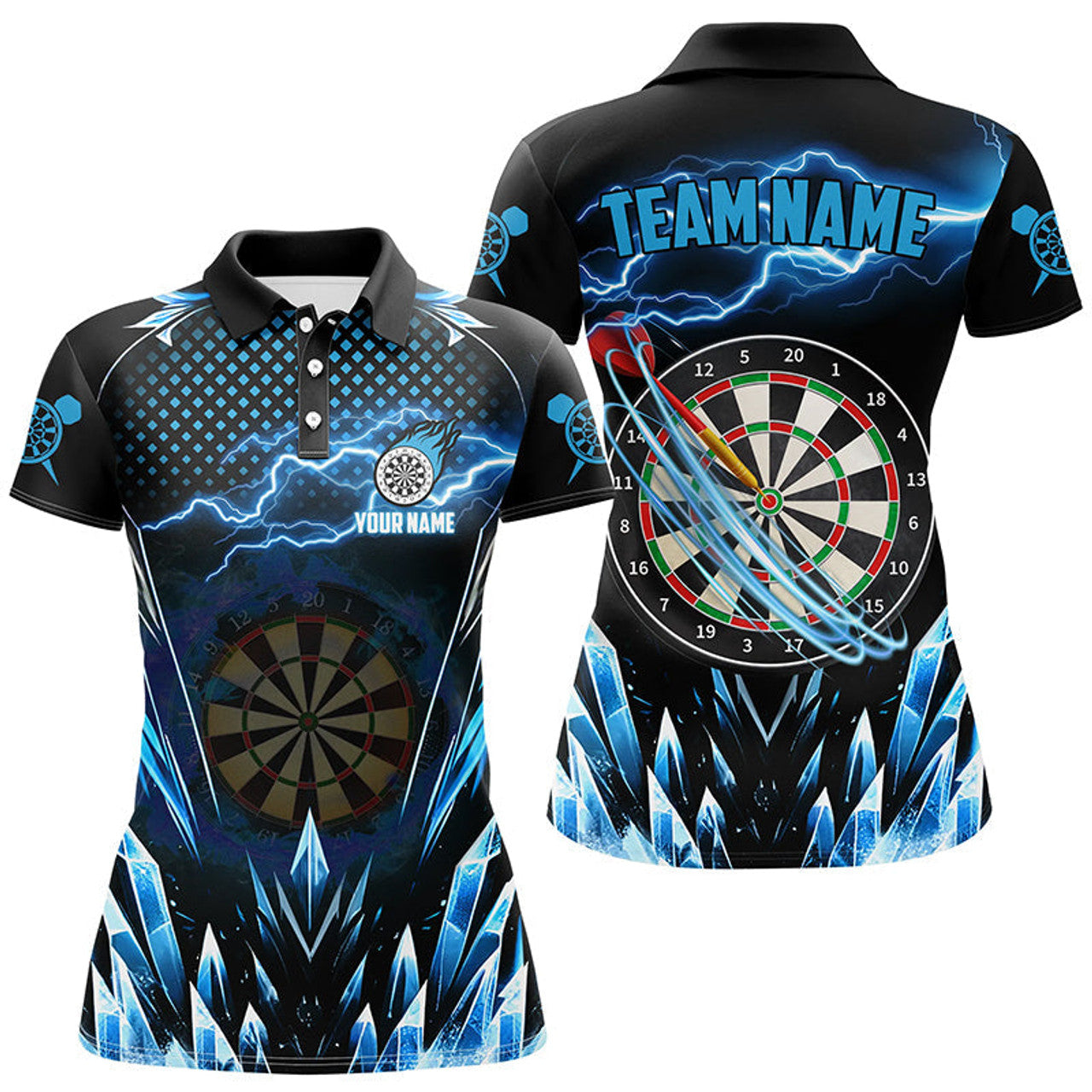 Custom Personalized Blue Icy Dartboard Lightning Women Darts Polo Shirts Custom Darts Team League Jersey