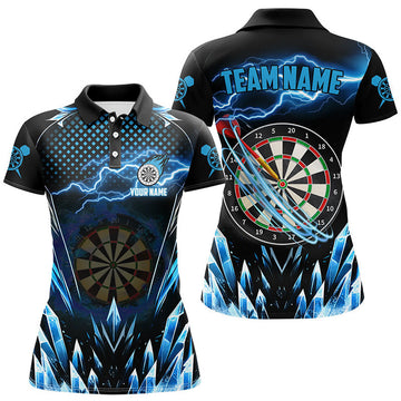 Custom Personalized Blue Icy Dartboard Lightning Women Darts Polo Shirts Custom Darts Team League Jersey