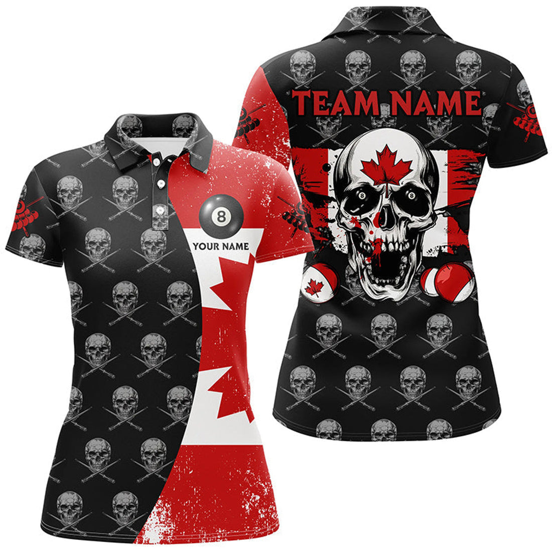 Custom Grunge Canada Flag Custom Skull Pattern Billiard Shirts For Women, Patriotic Unique Billiard Jerseys