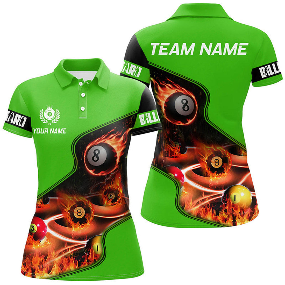 Custom Personalized Master Billiard Balls Flame 3D Women Polo Shirts, Green Billiard Jersey For Pool Player