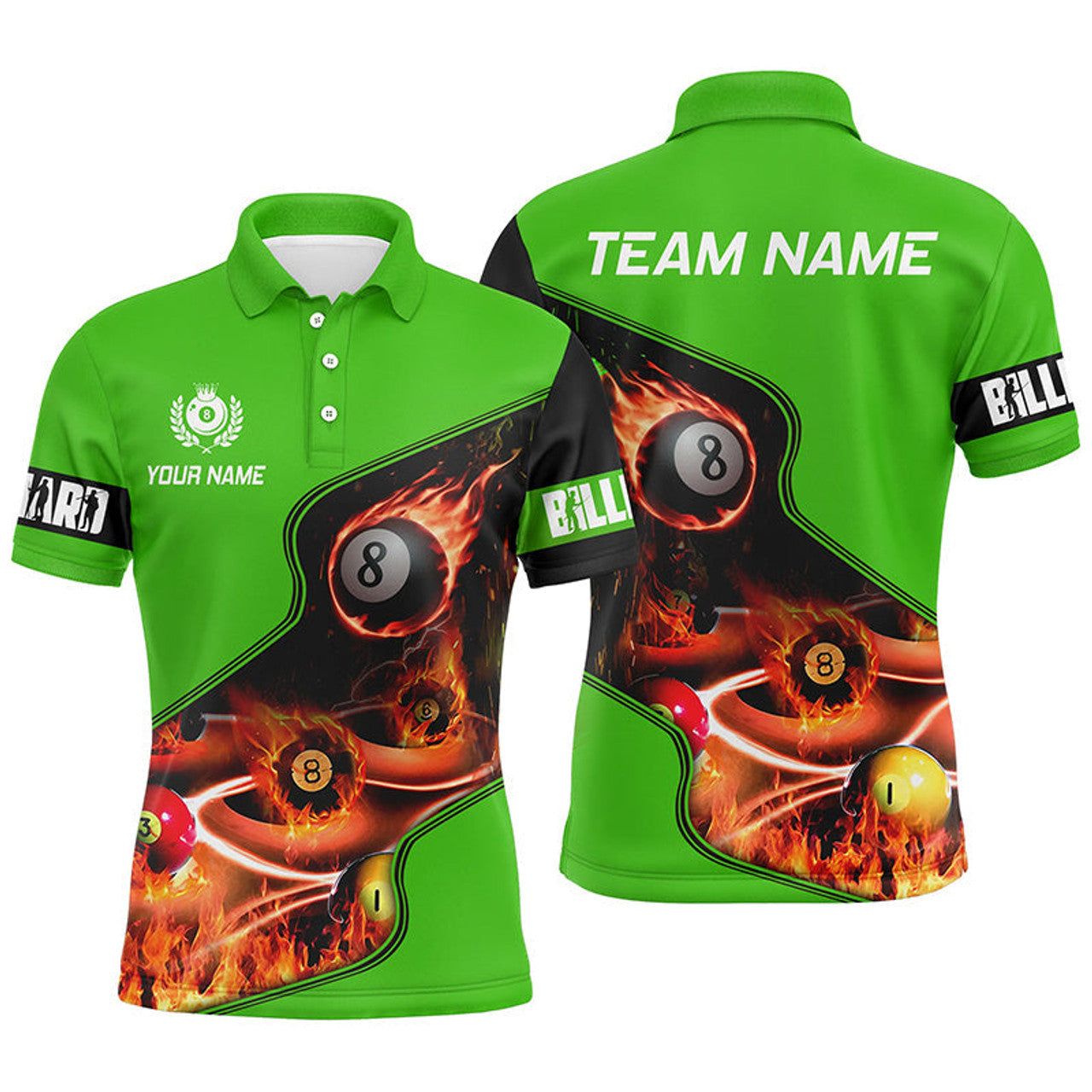 FUNSTUFFPRINT Personalized Master Billiard Balls Flame 3D Men Polo Shirts, Green Billiard Jersey For Pool Player Polo Shirt Size S-5XL