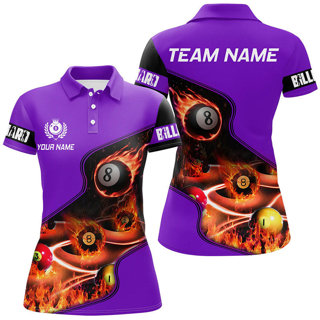 Custom Personalized Master Billiard Balls Flame 3D Women Polo Shirts, Purple Billiard Jersey For Pool Player