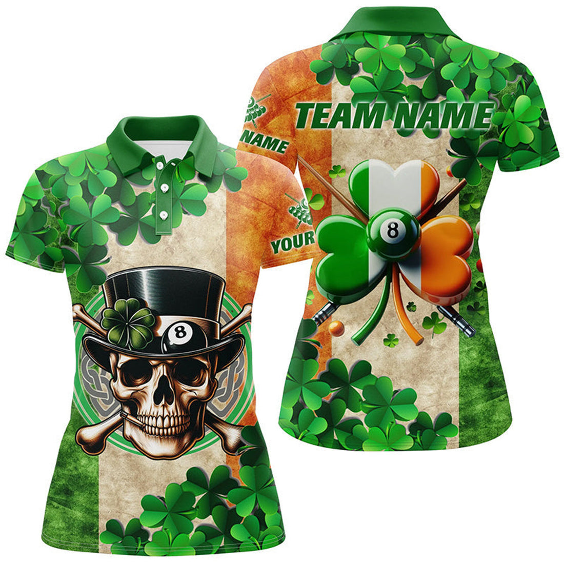 Custom Billiard St Patrick'S Day Funny Skull Custom Shamrock Women Polo Shirt, Patrick Lucky Billiard Shirts