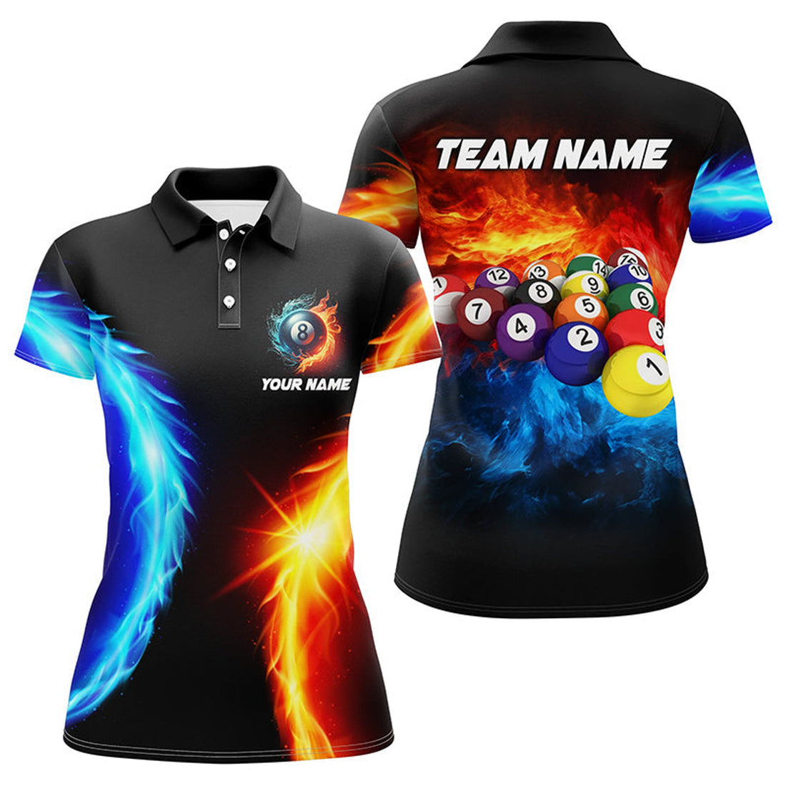 Custom Personalized Water And Fire Billiard Balls 3D Printed Women Polo Shirts Custom Pool League Shirts