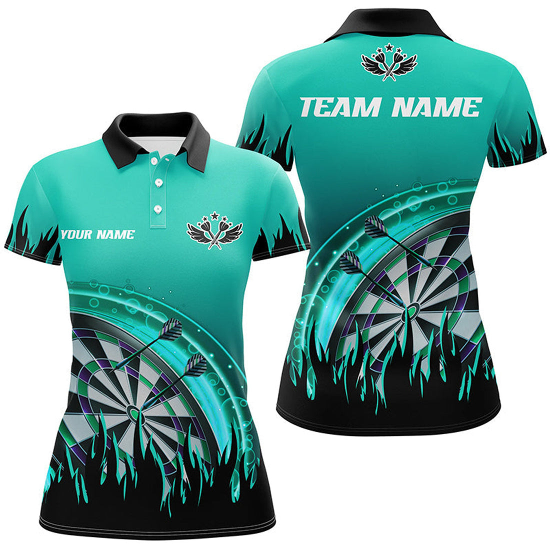 Custom Personalized Turquoise Darts Flame Women Polo Shirt Custom Team League Darts Jersey Attire For Player