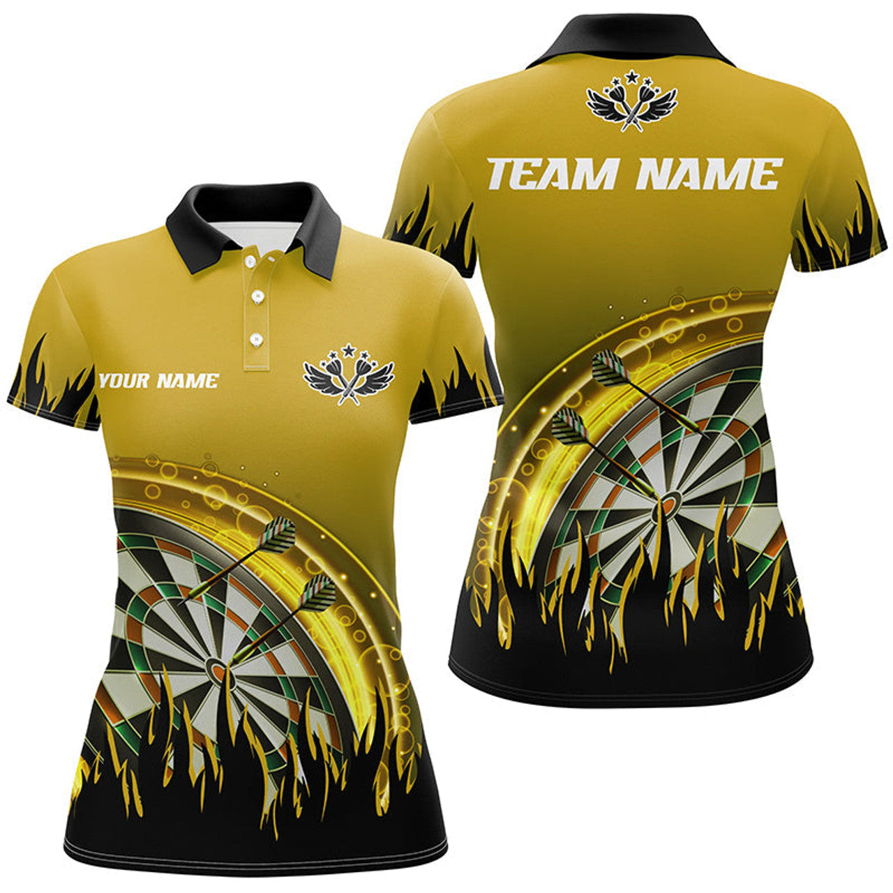 Custom Personalized Yellow Darts Flame Women Polo Shirts Custom Team League Darts Jersey Attire For Player