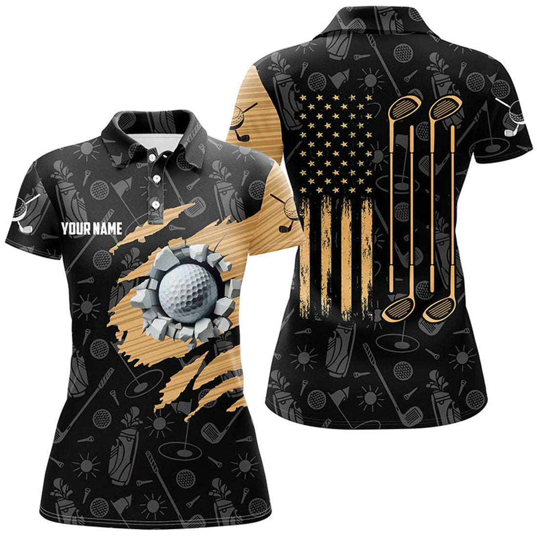 Custom Retro American Flag Crack Golf Balls Custom Women Golf Polo Shirts, Patriotic Golf Shirts For Ladies