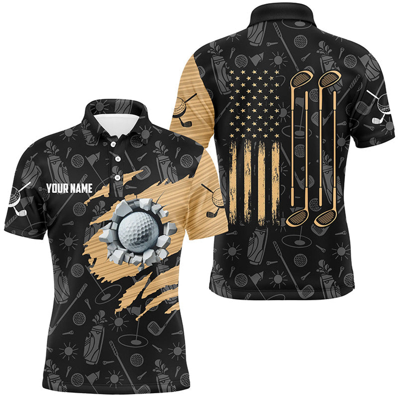 Custom Retro American Flag Crack Golf Balls Custom Men Golf Polo Shirts, Patriotic Golf Shirts For Men