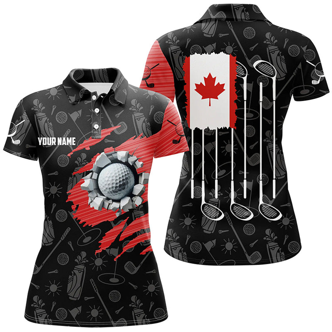 Custom Retro Canada Flag Crack Golf Balls Custom Women Golf Polo Shirts, Patriotic Golf Shirts For Ladies