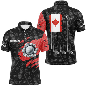 Custom Retro Canada Flag Crack Golf Balls Custom Men Golf Polo Shirts, Patriotic Golf Shirts For Men