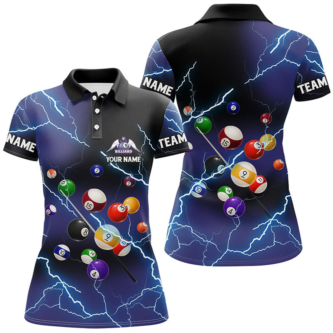 Custom Personalized Billiard Balls Thunder Lightning Purple Version Custom Name 3D Polo Shirts For Women