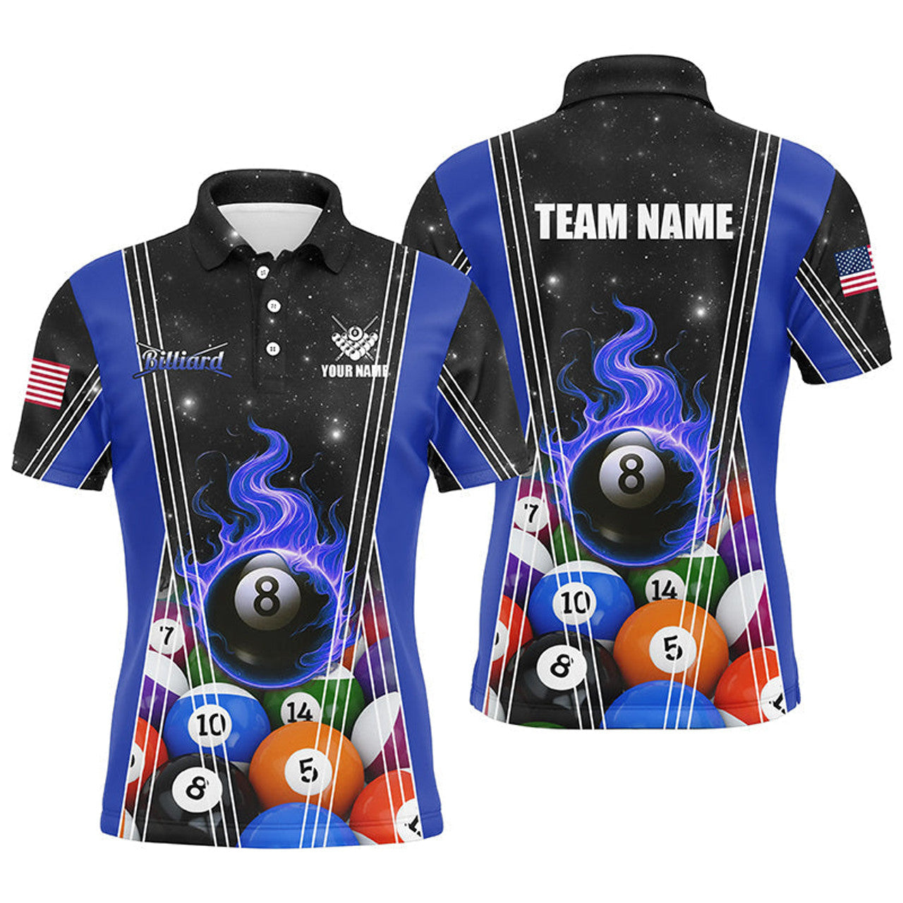 Personalized Blue 8 Ball Pool Fire Flame Billiard Balls Men Polo Shirt Custom Billiard Team Jerseys