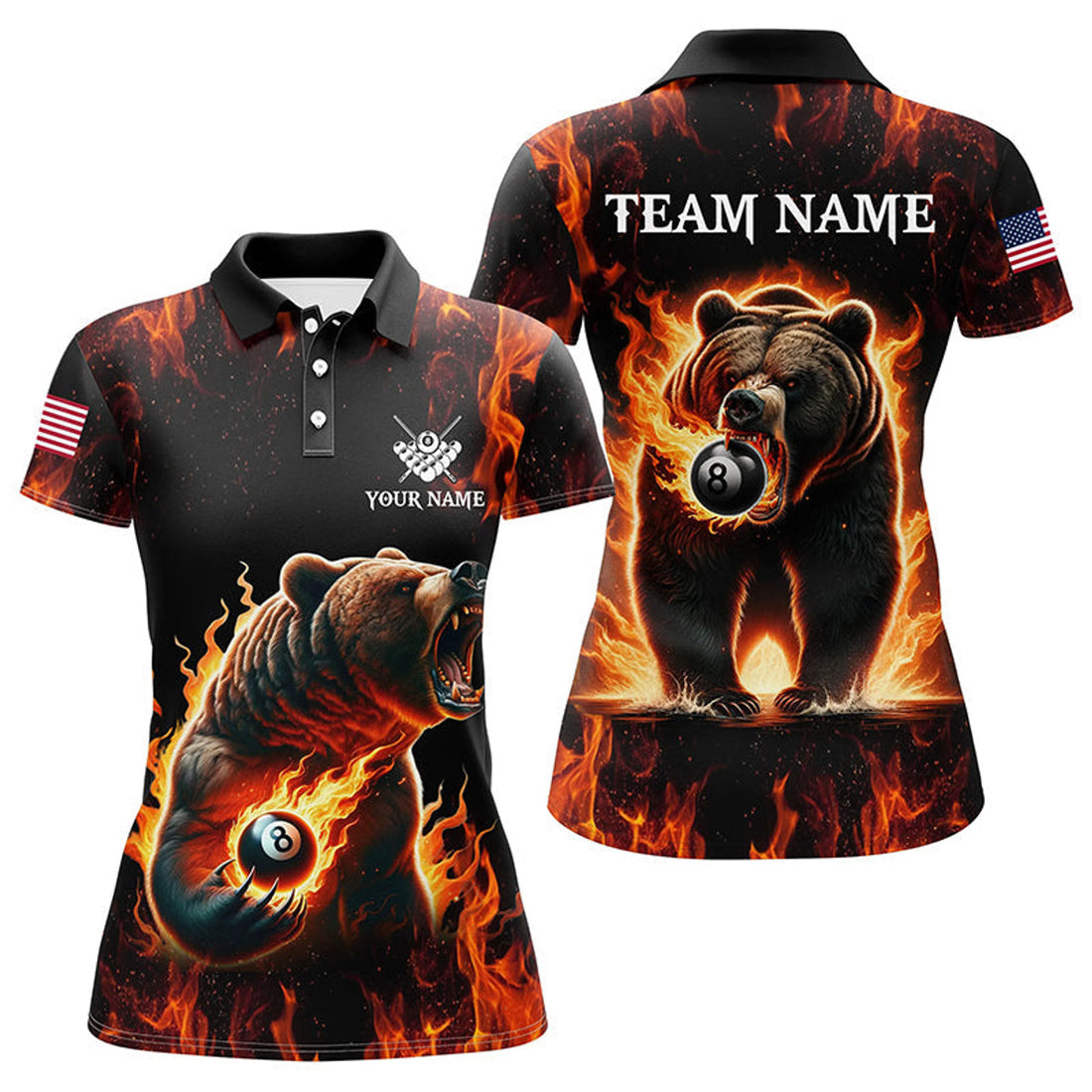 Custom Personalized Funny Bear And 8 Ball Pool Fire Flame Women Billiard Polo Shirts, Unique Billiard Attire