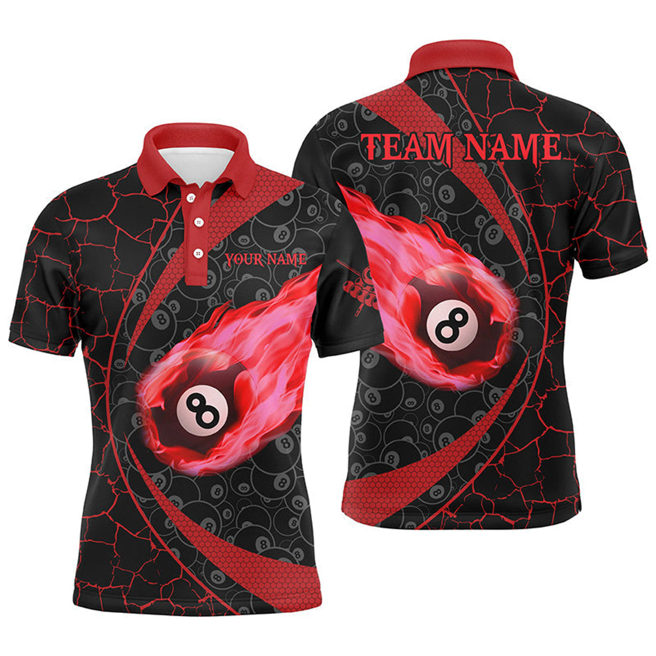 FUNSTUFFPRINT Personalized Black Red Billiard Fire Flame Men Polo Shirts Custom Name 8 Ball Pool Team Polo Shirt Size S-5XL