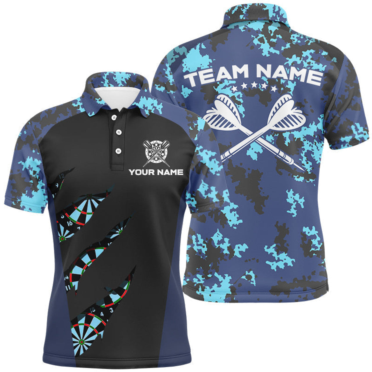 FUNSTUFFPRINT Blue Camo Darts Polo, Custom Camouflage Dart Polo Shirt Size S-5XL