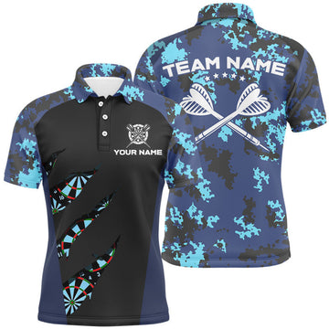 FUNSTUFFPRINT Blue Camo Darts Polo, Custom Camouflage Dart Polo Shirt Size S-5XL