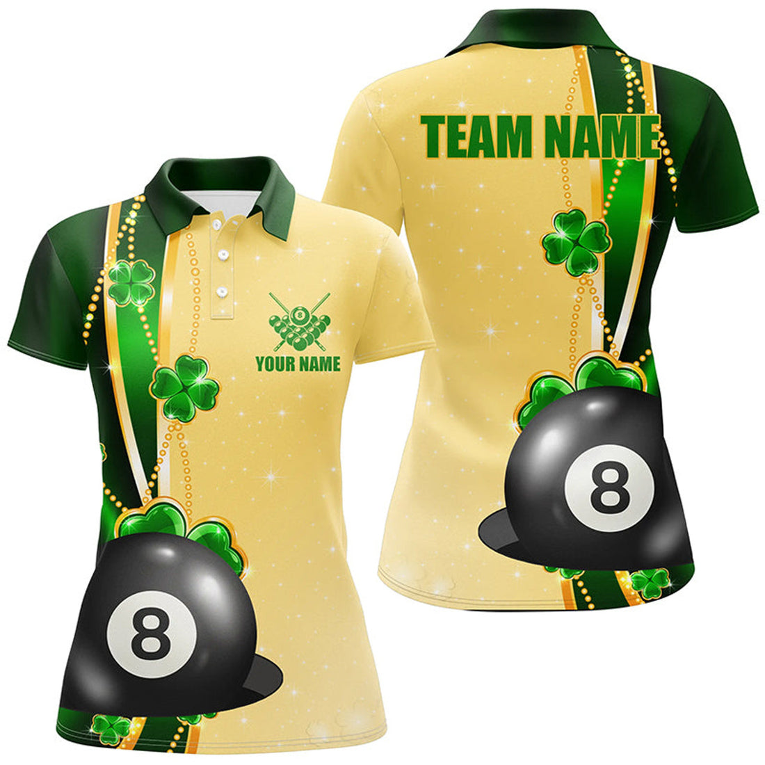 Custom Funny St Patricks Day Shirts Custom Name Women Billiard Polo Shirts, 3D 8 Ball Pool Patrick Gifts