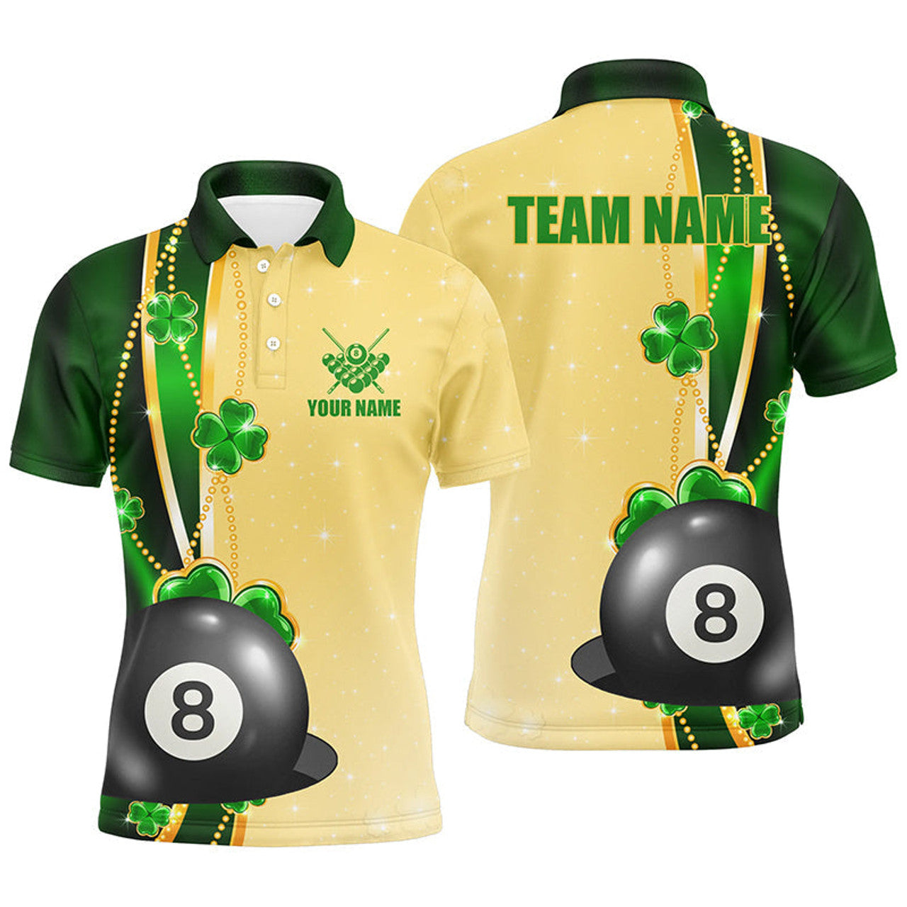 Custom Funny St Patricks Day Shirts Custom Name Men Billiard Polo Shirts, 3D 8 Ball Pool Patrick Gifts