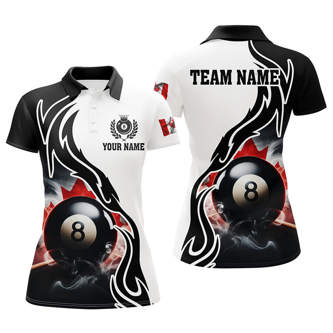 Custom 3D 8 Ball Pool Smoke Canada Flag Personalized Women Billiard Polo Shirts, Patriotic Shirts For Pooler