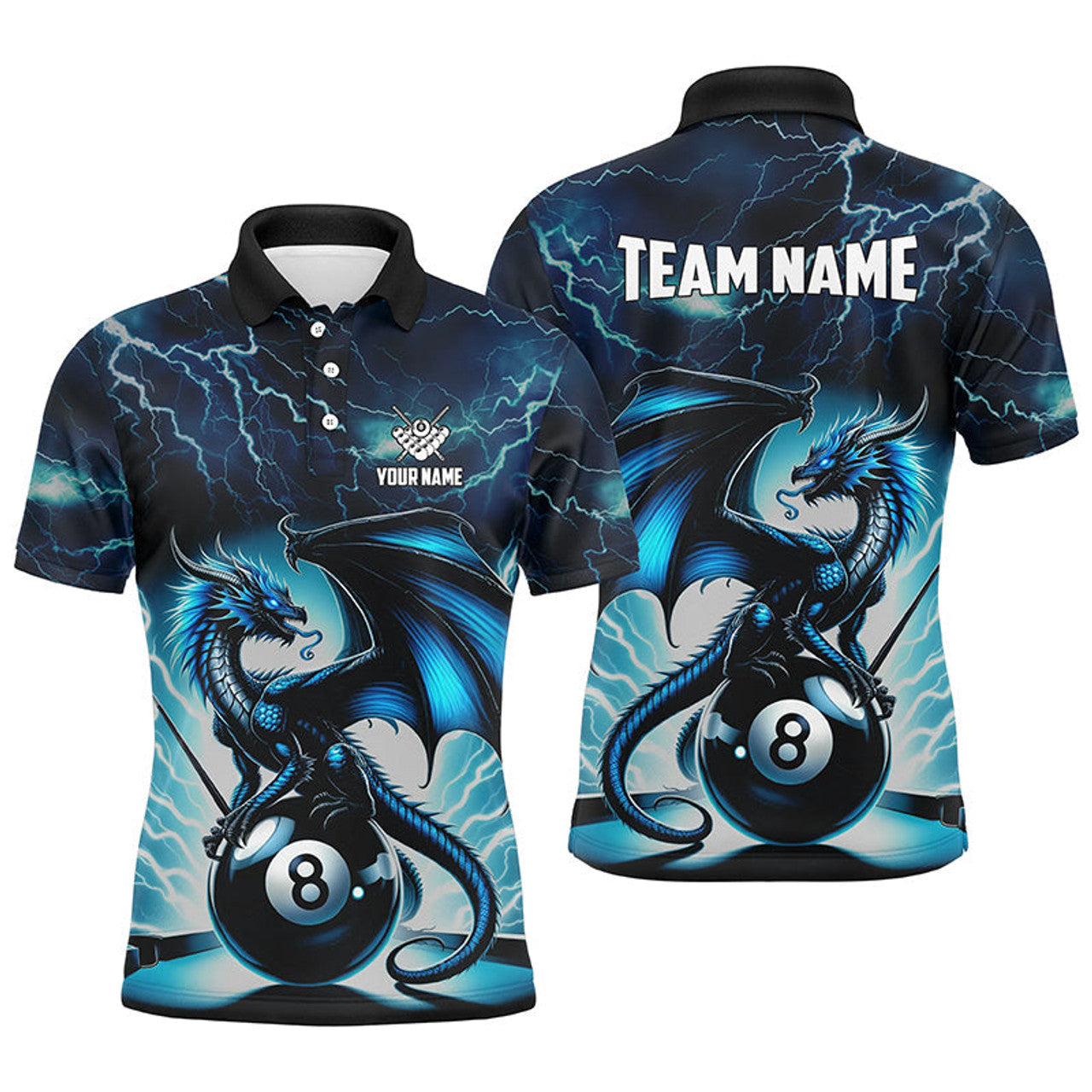 FUNSTUFFPRINT Blue Lightning Thunder Dragon 8 Ball Pool Men Polo Shirts Custom Billiard Team League Polo Shirt Size S-5XL