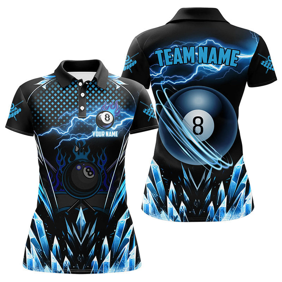 Custom Personalized Blue Icy Lightning 8 Ball Pool Women Polo Shirts Custom Billiard Team League Jersey