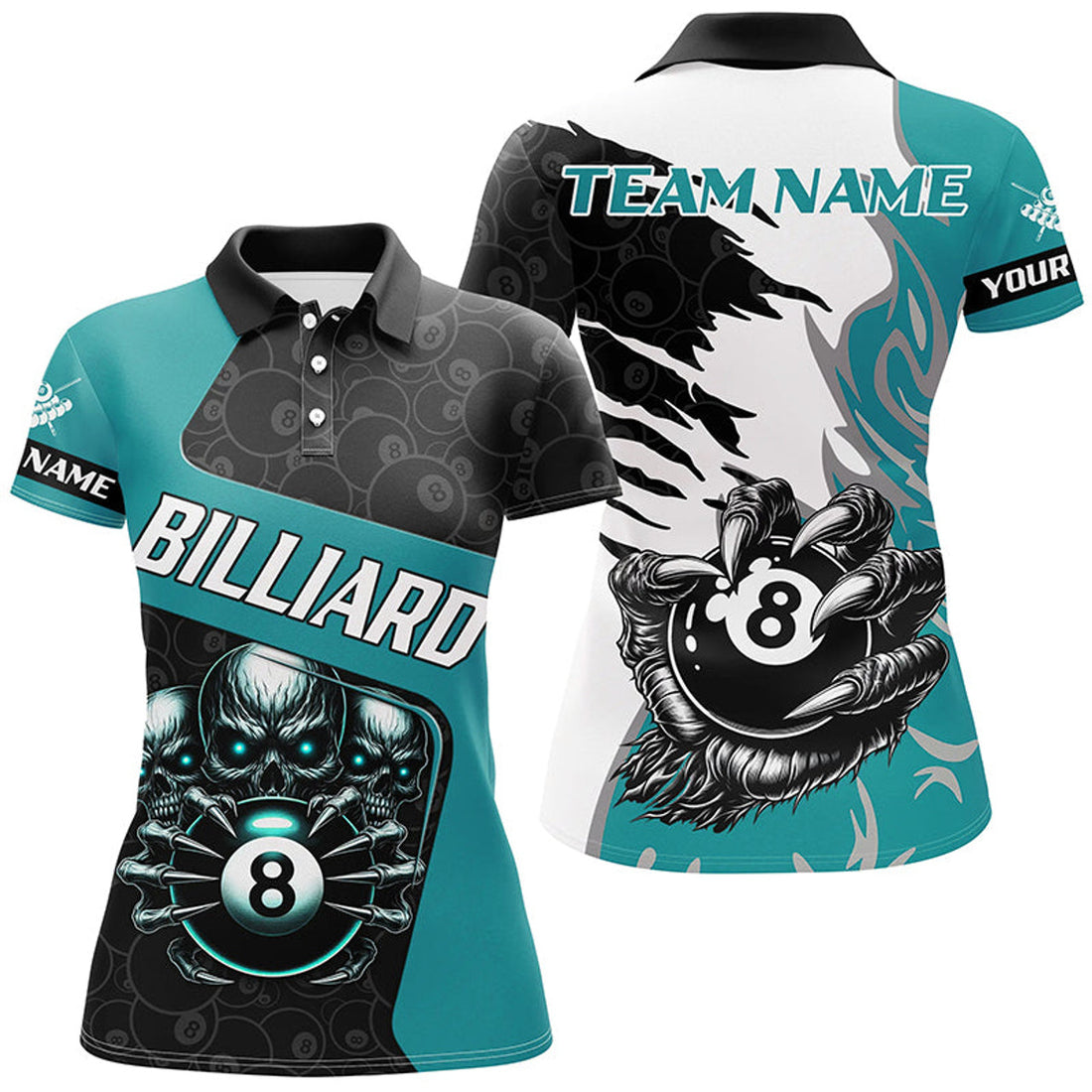 Custom Personalized Skull Sharp Claws Billiard Shirts For Women, 8 Ball Pool Team Jerseys Shirts |Turquoise