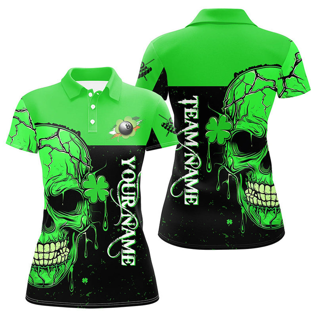 Custom St Patrick's Day Green Billiard Skull Custom Women Polo Shirts, Luckiest Patrick Day Billiard Shirts