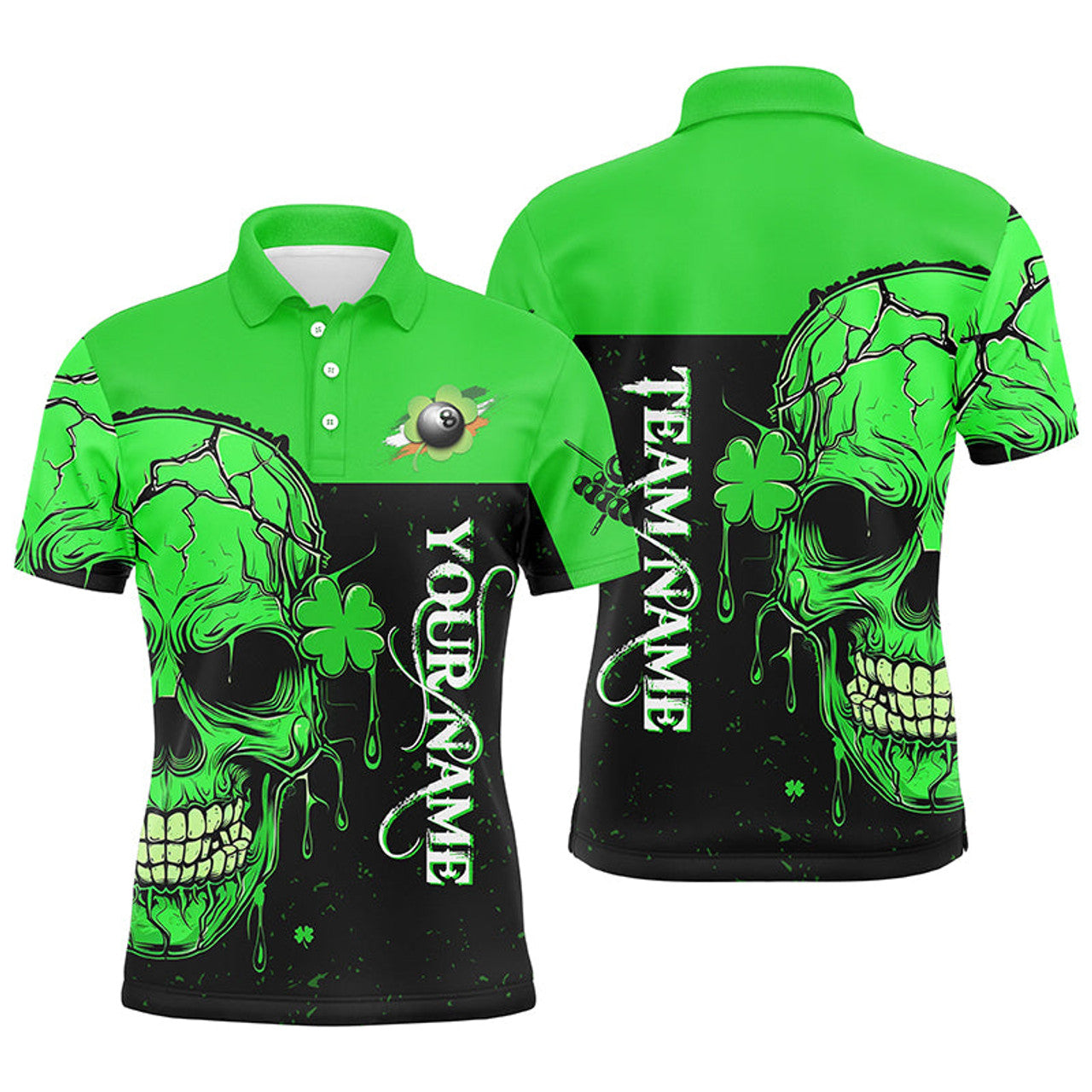 FUNSTUFFPRINT St Patrick'S Day Green Billiard Skull Custom Men Polo Shirts, Luckiest Patrick Day Billiard Polo Shirt Size S-5XL