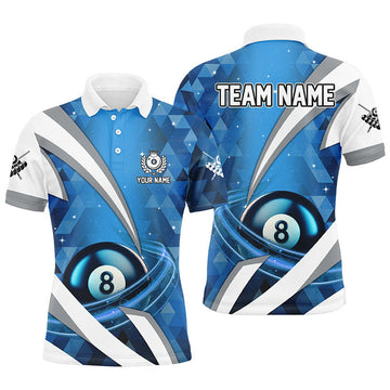 FUNSTUFFPRINT Personalized Lightning Blue 8 Ball Pool Men Polo Shirts Custom Billiard Team Polo Shirt Size S-5XL
