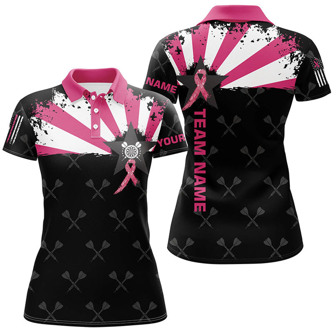 Custom Pink Breast Cancer Awareness Grunge Darts Polo Shirts For Women Custom Darts Jerseys