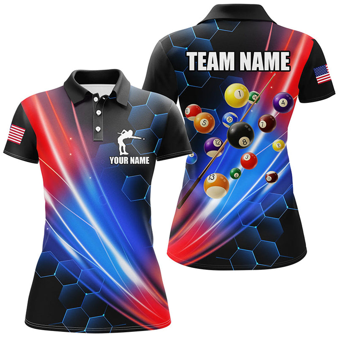 Custom Glowing Red & Blue Custom Billiard Polo, Shirt For Women, Billiard Balls Team League Jerseys