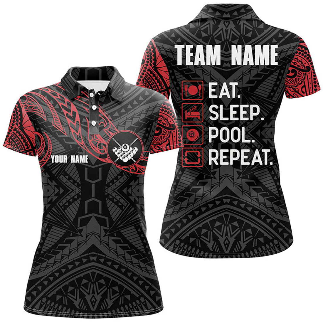 Custom Billiard Black Red Tribal Pattern Custom Name Polo Shirts For Women, Custom Funny Billiard Shirts