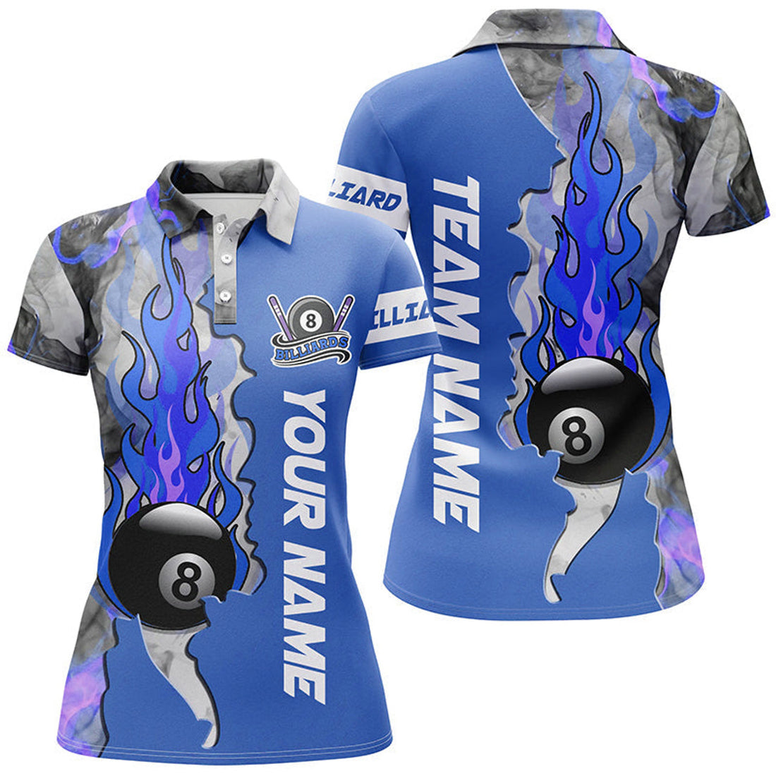 Custom Personalized 8 Ball Fire Smoke Billiard Women's Shirts Blue Version Custom Pool Team Polo Shirts