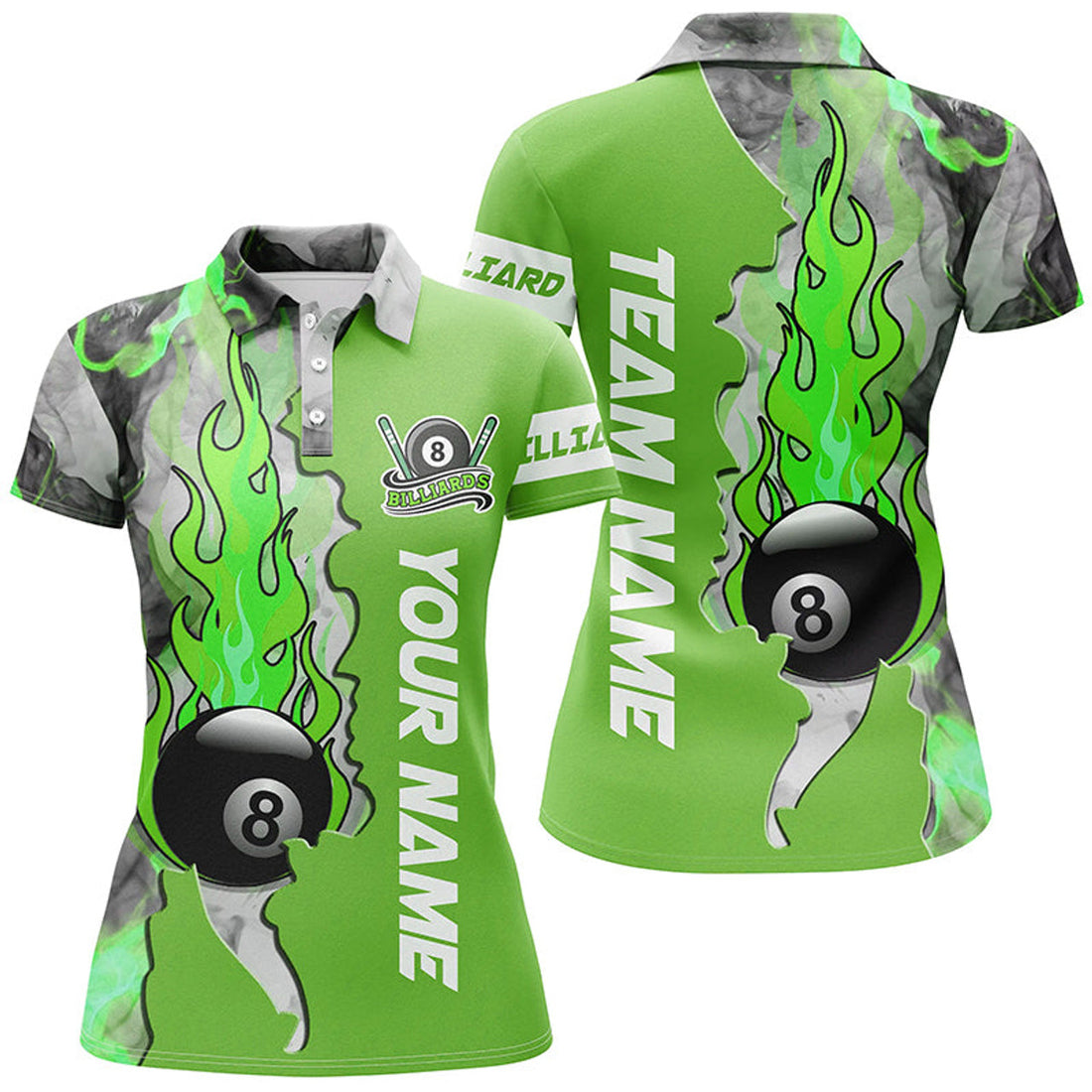 Custom Personalized 8 Ball Fire Smoke Billiard Women's Shirts Green Version Custom Pool Team Polo Shirts
