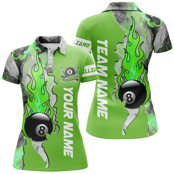 Custom Personalized 8 Ball Fire Smoke Billiard Women's Shirts Green Version Custom Pool Team Polo Shirts