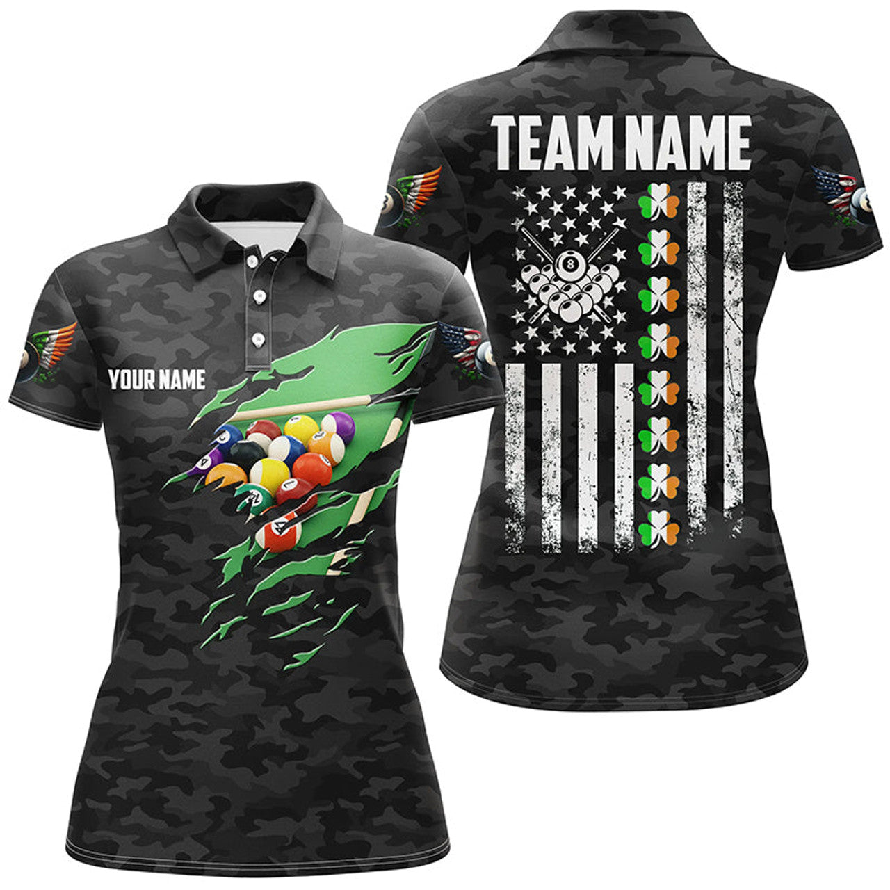 Custom Billiard St Patrick Day Vintage American Flag Women Polo Shirts, Patriotic Billiard Team Jerseys
