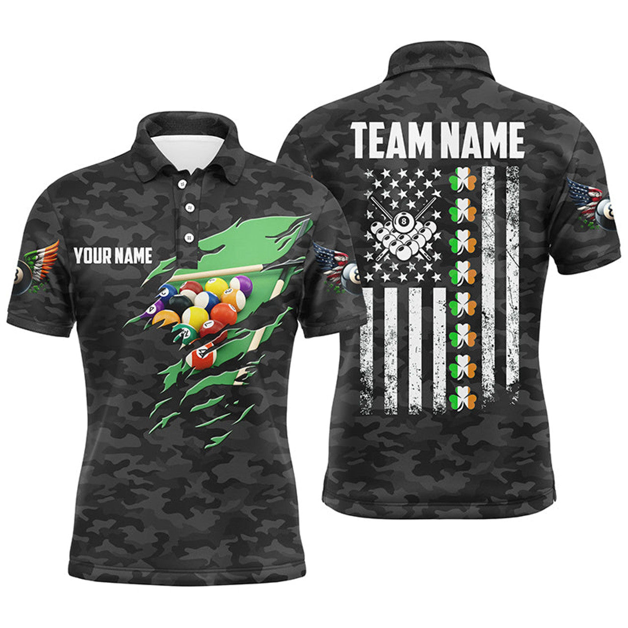 FUNSTUFFPRINT Billiard St Patrick Day Vintage American Flag Men Polo Shirts, Patriotic Billiard Team Polo Shirt Size S-5XL