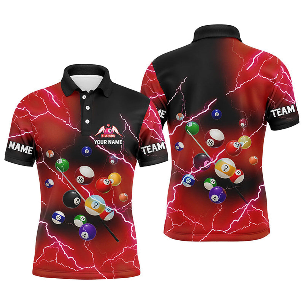FUNSTUFFPRINT Personalized Billiard Balls Thunder Lightning Red Version Custom Name Polo Shirt Size S-5XL