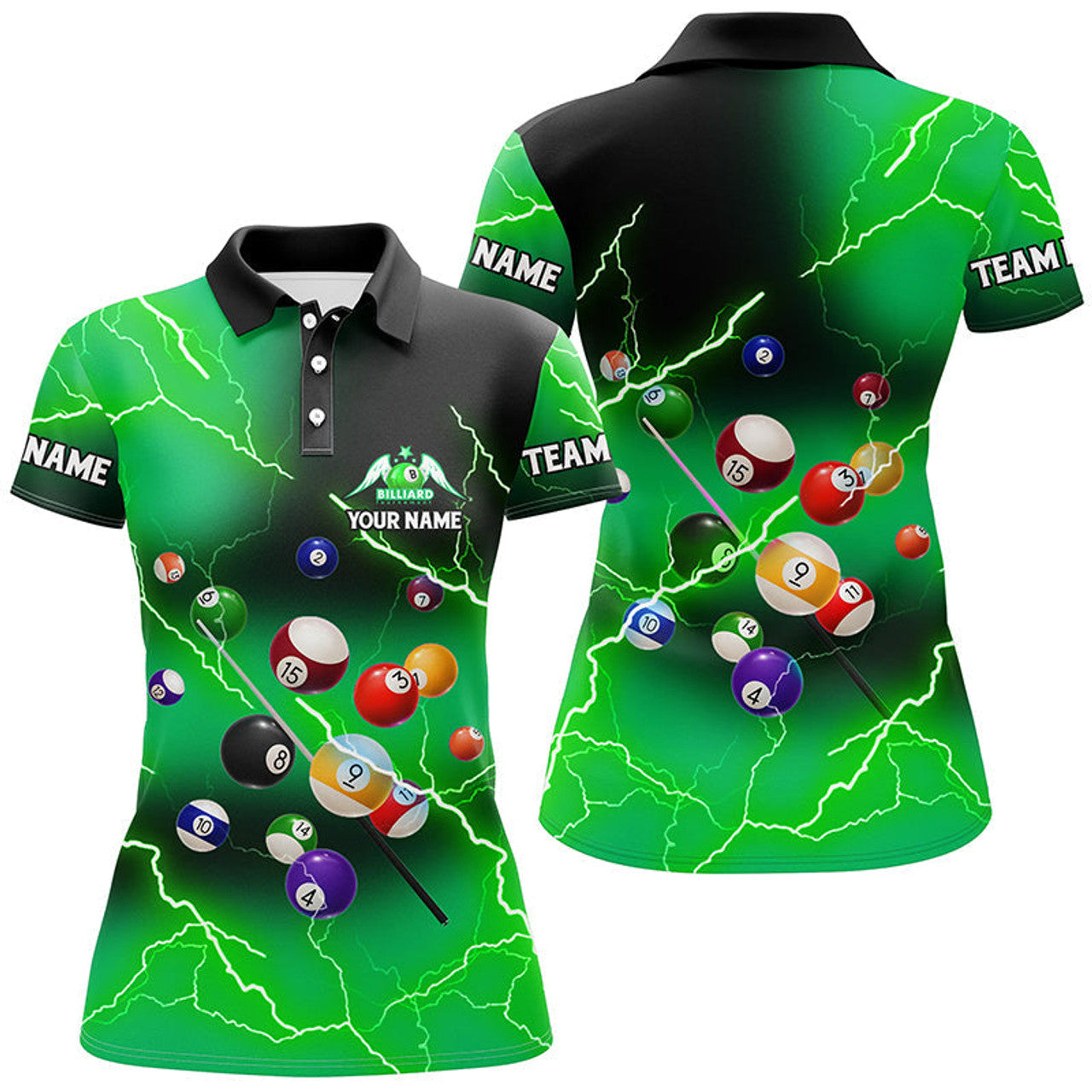 Custom Personalized Billiard Balls Thunder Lightning Green Version Custom Name 3D Polo Shirts For Women