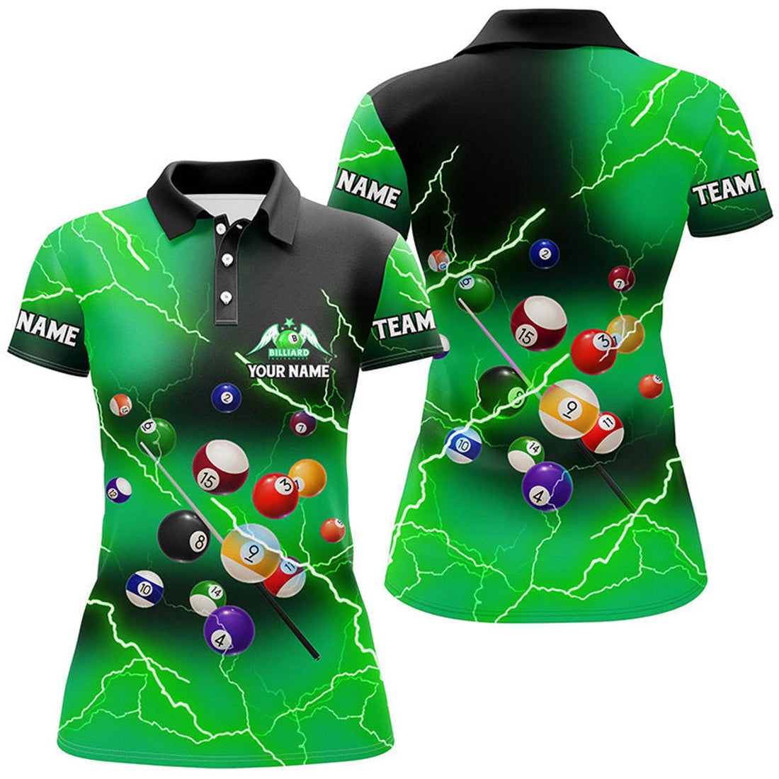 Custom Personalized Billiard Balls Thunder Lightning Green Version Custom Name 3D Polo Shirts For Women