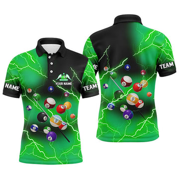 FUNSTUFFPRINT Personalized Billiard Balls Thunder Lightning Green Version Custom Name Polo Shirt Size S-5XL