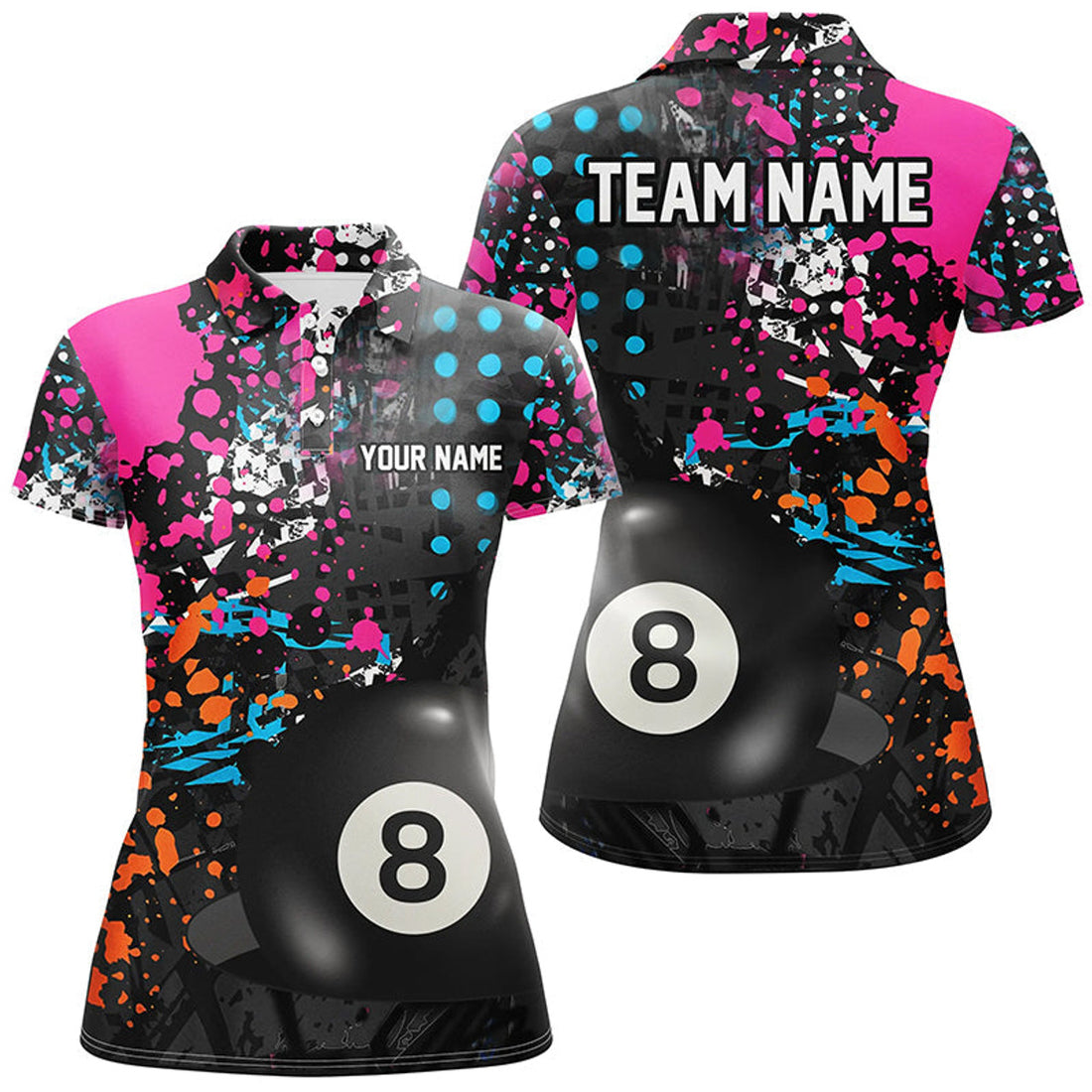 Custom Personalized 8 Ball Pool Grunge Colorful Women Billiard Polo Shirts, Custom Billiards Pool Shirts