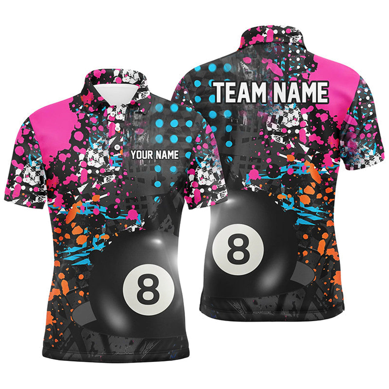 Personalized 8 Ball Pool Grunge Colorful Men Billiard Polo Shirts, Custom Billiards Pool Shirts