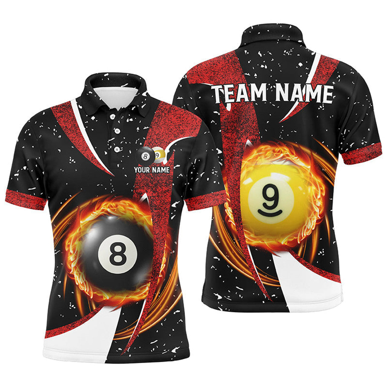 Custom Magic Billiards 8 Ball & 9 Ball Black Red Grunge Men Polo Shirts Custom Billiard Attire Jersey