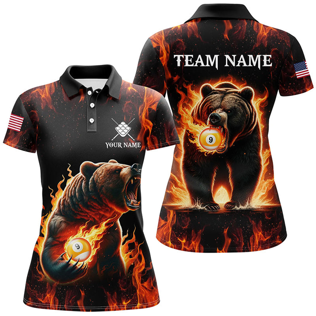 Custom Funny Bear & 9 Ball Pool Fire Flame Women Polo Shirts, Unique Billiard Attire